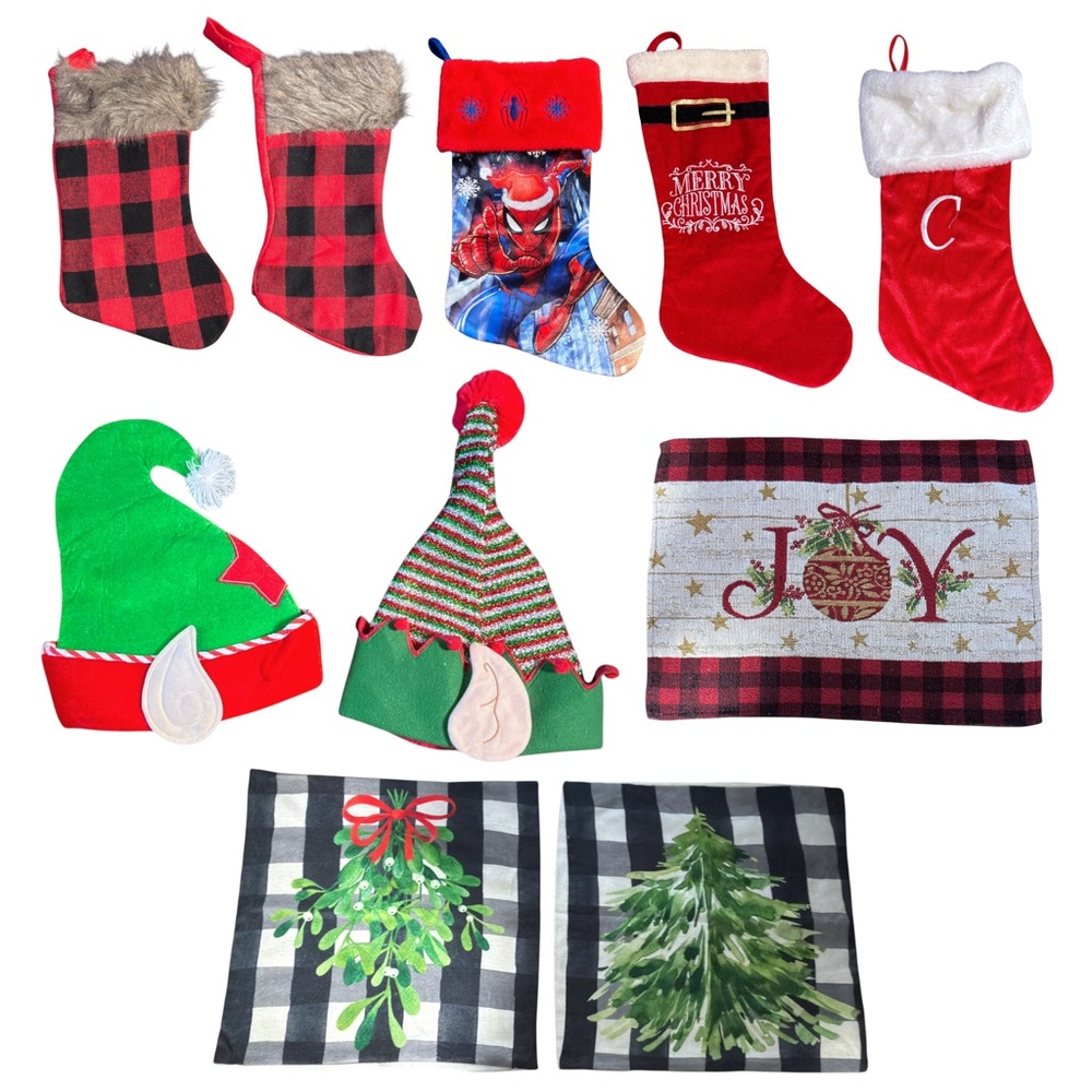 Holiday Christmas Décor Bundle – 10-Piece Mixed Lot – Stockings, Elf Hats & More